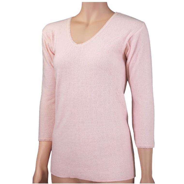 (限時免運)日本製 AS東洋紡織 女保暖衣 兔毛8分袖V領衛生衣 保暖衣 安哥拉羊毛兔毛  冬季保暖衣 （桃膚）-細節圖4