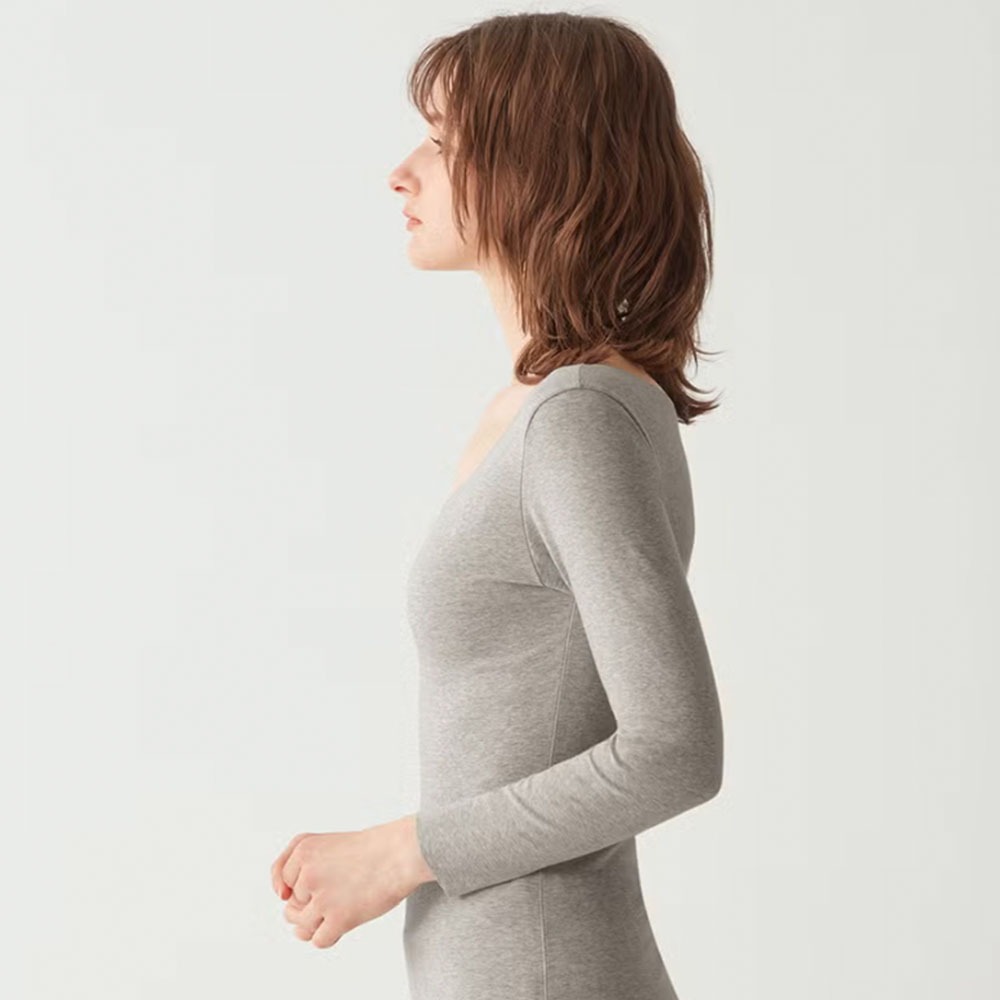 日本製 郡是GUNZE 女長袖圓領保暖衣 薄款發熱衣 內搭衣 睡衣 吸濕發熱材質 微起毛 怕冷推薦 (MH7846)-細節圖8