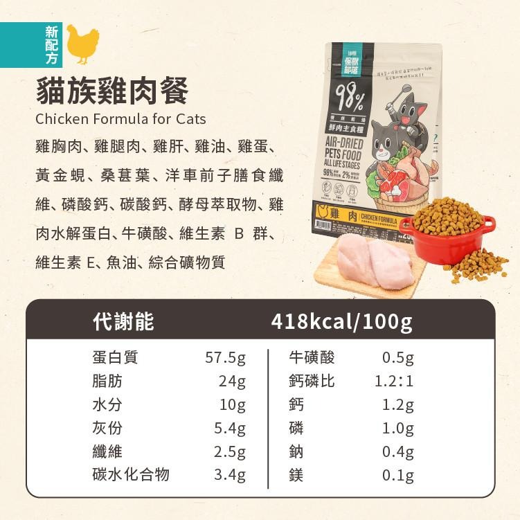 怪獸部落 98% 鮮肉主食糧  貓飼料 貓糧 低碳 無穀含肉量高 雞肉 竹筴魚【QQ毛寵物】-細節圖6