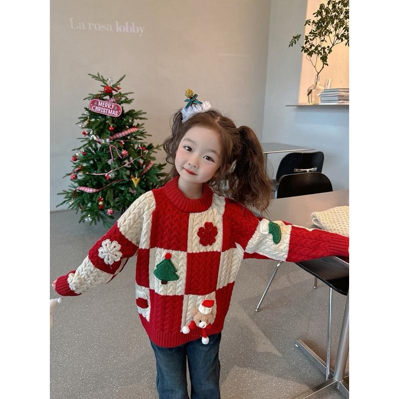 預購秋冬款韓版ins男女小童聖誕節衣服過年服毛紅白立體娃娃毛衣上衣 針織衣  姐妹裝 姊妹裝-細節圖2