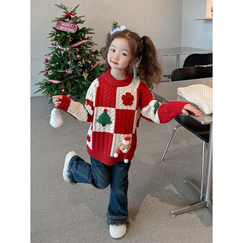 預購秋冬款韓版ins男女小童聖誕節衣服過年服毛紅白立體娃娃毛衣上衣 針織衣  姐妹裝 姊妹裝-細節圖4
