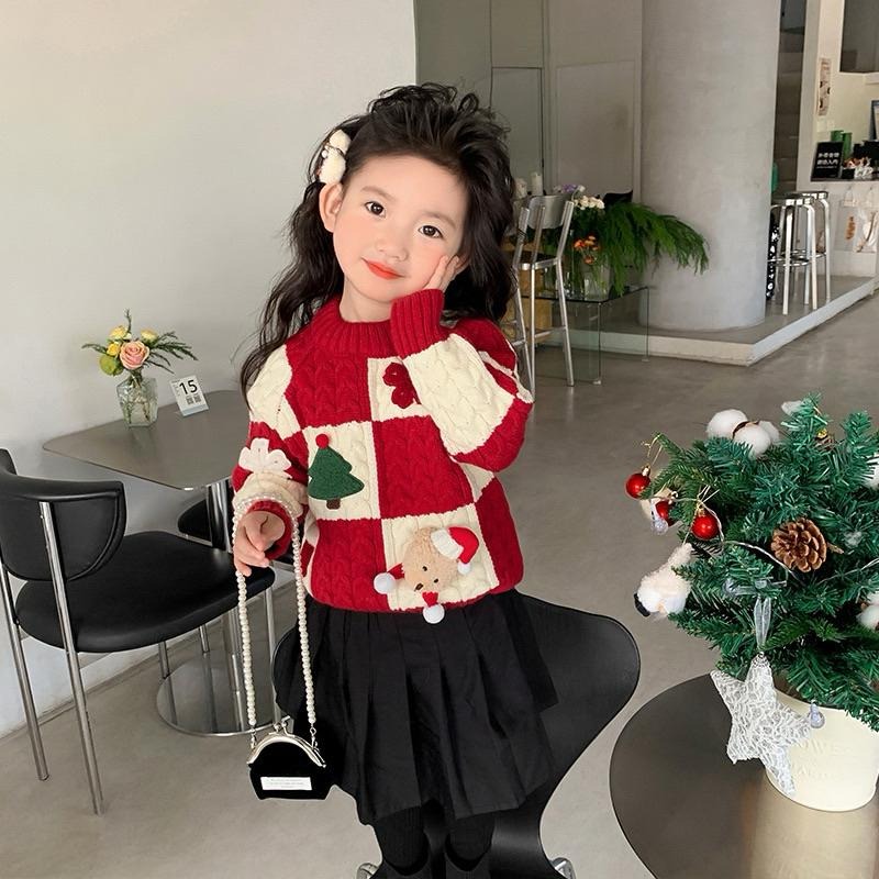 預購秋冬款韓版ins男女小童聖誕節衣服過年服毛紅白立體娃娃毛衣上衣 針織衣  姐妹裝 姊妹裝-細節圖5