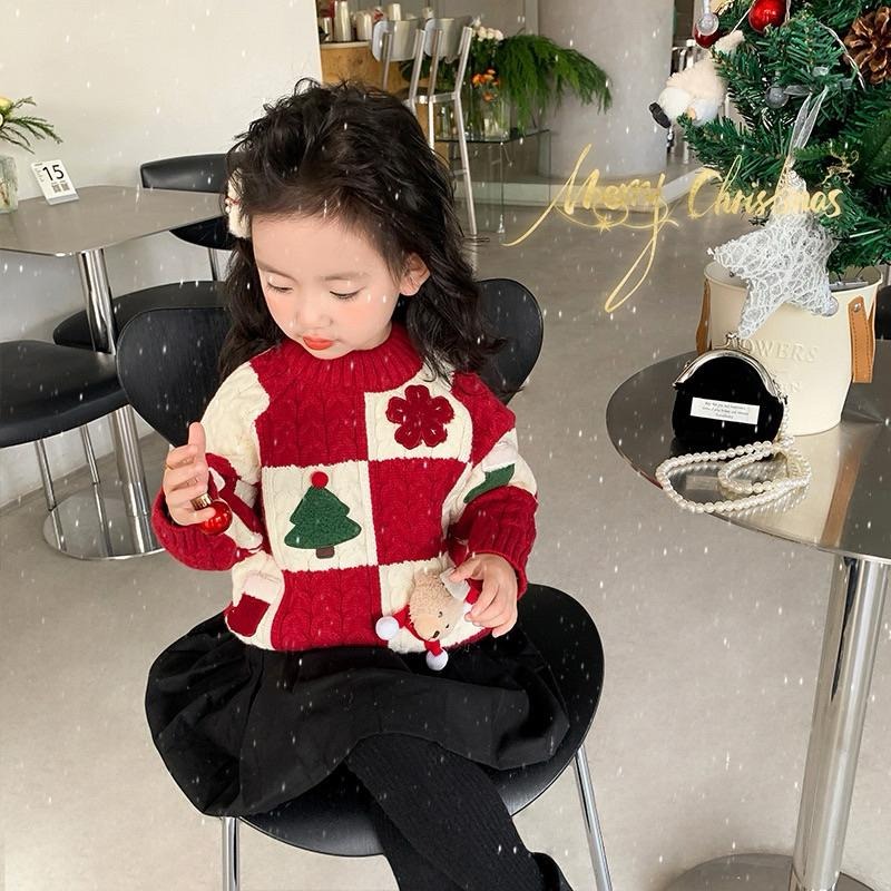 預購秋冬款韓版ins男女小童聖誕節衣服過年服毛紅白立體娃娃毛衣上衣 針織衣  姐妹裝 姊妹裝-細節圖6