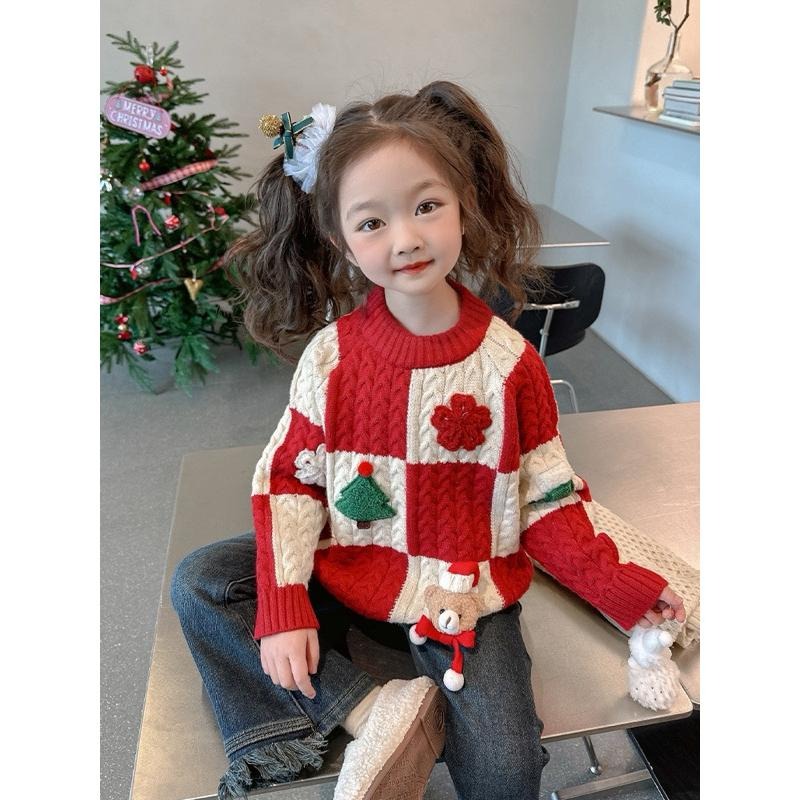 預購秋冬款韓版ins男女小童聖誕節衣服過年服毛紅白立體娃娃毛衣上衣 針織衣  姐妹裝 姊妹裝-細節圖7