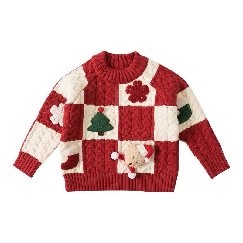 預購秋冬款韓版ins男女小童聖誕節衣服過年服毛紅白立體娃娃毛衣上衣 針織衣  姐妹裝 姊妹裝-細節圖8