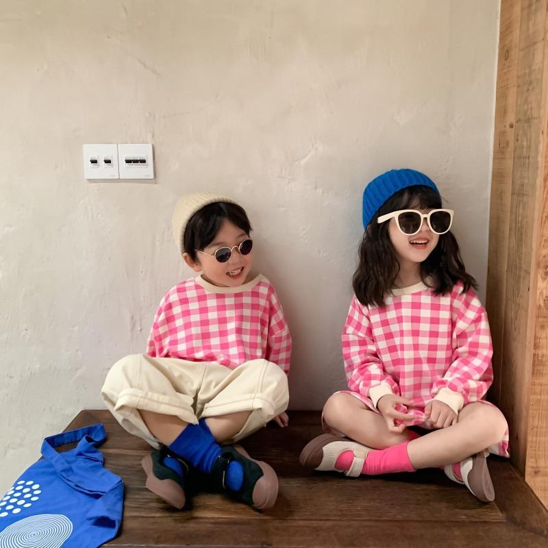 預購春秋款ins款韓版男女童小童中童韓版萬聖節cosplay芭比粉格子森林系格紋長袖T恤上衣 格子裙洋裝兄妹裝-細節圖2