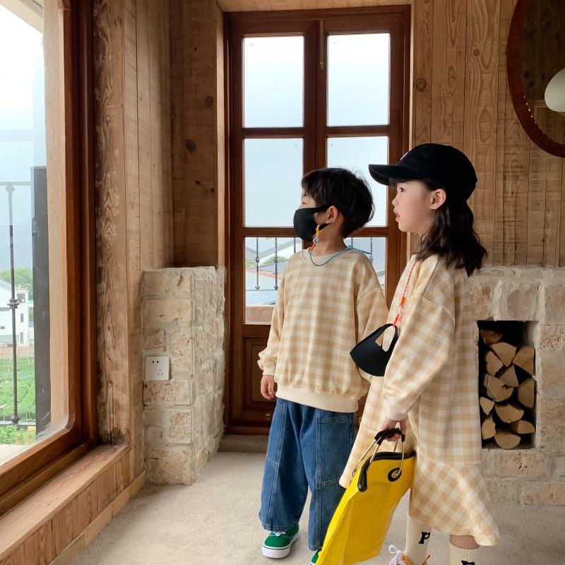 預購春秋款ins款韓版男女童小童中童韓版萬聖節cosplay芭比粉格子森林系格紋長袖T恤上衣 格子裙洋裝兄妹裝-細節圖6