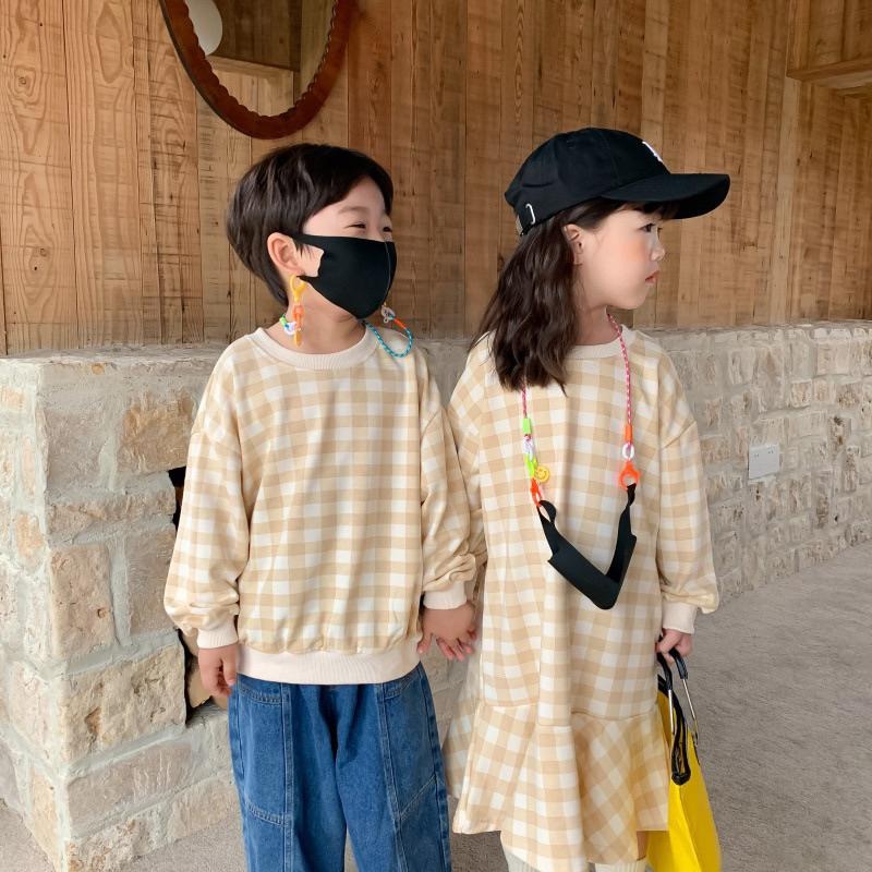 預購春秋款ins款韓版男女童小童中童韓版萬聖節cosplay芭比粉格子森林系格紋長袖T恤上衣 格子裙洋裝兄妹裝-細節圖7