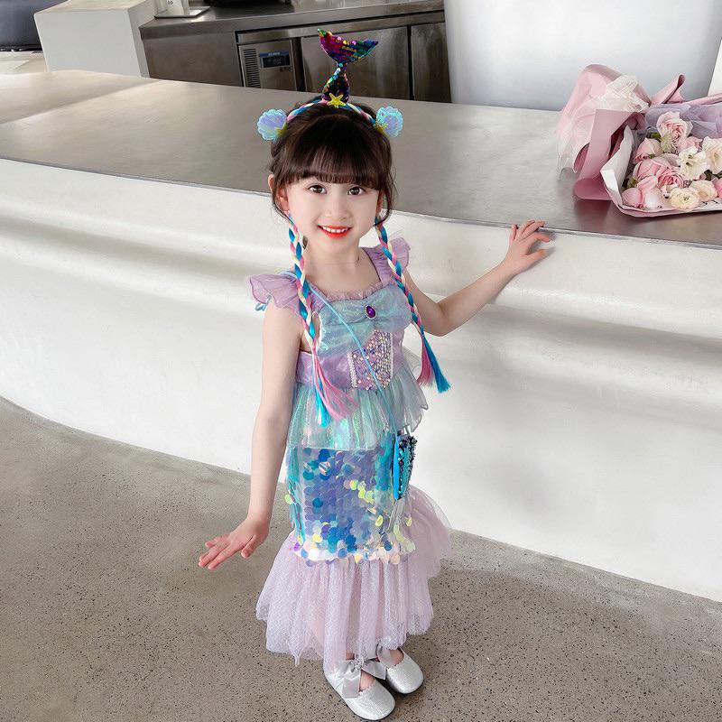 預購女童美人魚公主裙 女孩魚尾裙 在逃公主 萬聖節角色扮演cosplay造型服飾中小童公主禮服小洋裝-細節圖2