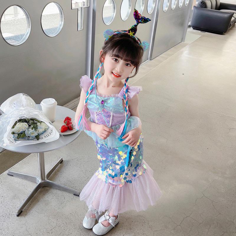 預購女童美人魚公主裙 女孩魚尾裙 在逃公主 萬聖節角色扮演cosplay造型服飾中小童公主禮服小洋裝-細節圖3