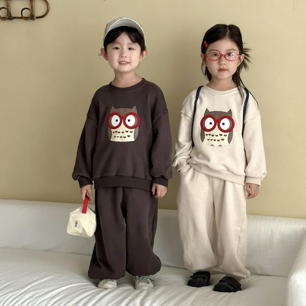 預購INS春秋款韓版男女童長袖休閒運動風格貓頭鷹休閒上衣+長褲兩件式套裝姐妹裝 姊妹裝 兄妹裝 姐弟裝-細節圖2