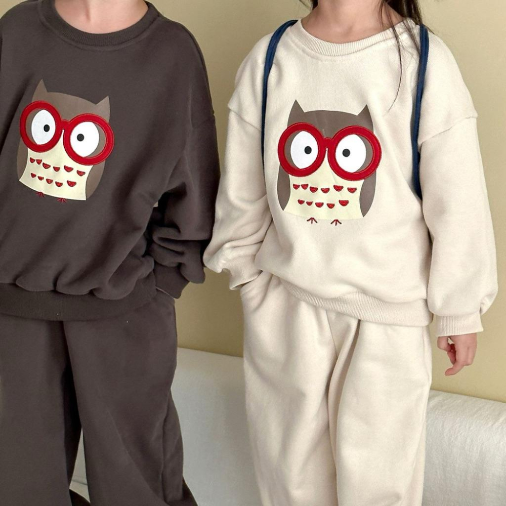 預購INS春秋款韓版男女童長袖休閒運動風格貓頭鷹休閒上衣+長褲兩件式套裝姐妹裝 姊妹裝 兄妹裝 姐弟裝-細節圖3