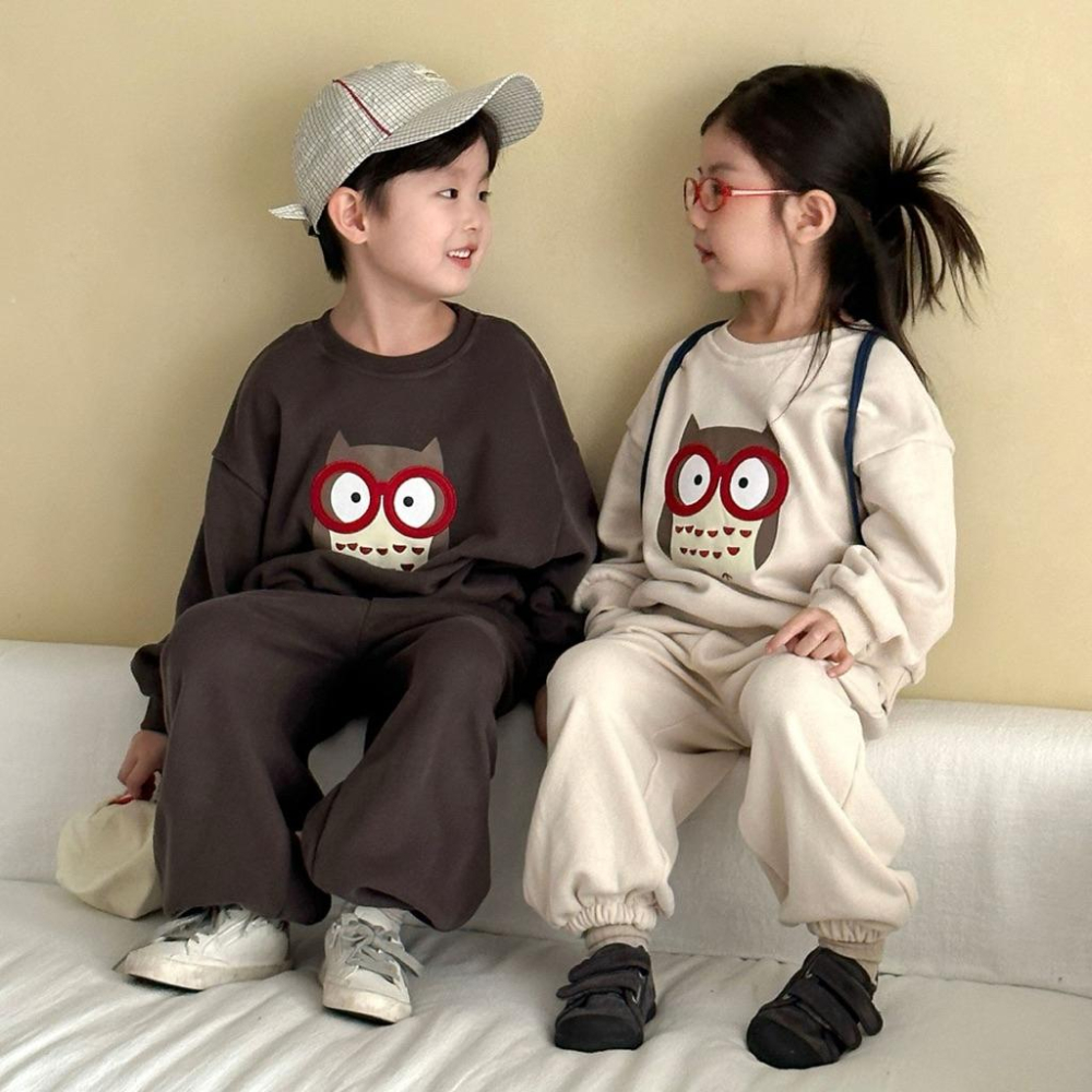 預購INS春秋款韓版男女童長袖休閒運動風格貓頭鷹休閒上衣+長褲兩件式套裝姐妹裝 姊妹裝 兄妹裝 姐弟裝-細節圖4