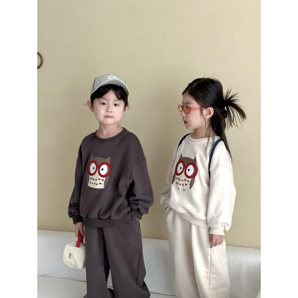 預購INS春秋款韓版男女童長袖休閒運動風格貓頭鷹休閒上衣+長褲兩件式套裝姐妹裝 姊妹裝 兄妹裝 姐弟裝-細節圖5