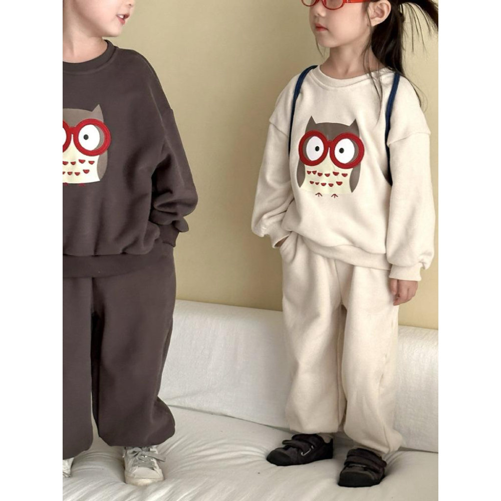 預購INS春秋款韓版男女童長袖休閒運動風格貓頭鷹休閒上衣+長褲兩件式套裝姐妹裝 姊妹裝 兄妹裝 姐弟裝-細節圖7