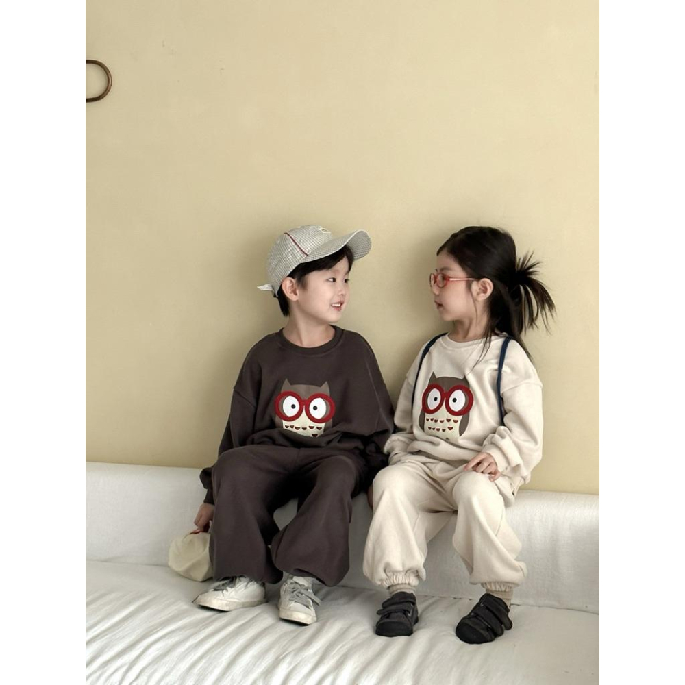 預購INS春秋款韓版男女童長袖休閒運動風格貓頭鷹休閒上衣+長褲兩件式套裝姐妹裝 姊妹裝 兄妹裝 姐弟裝-細節圖8