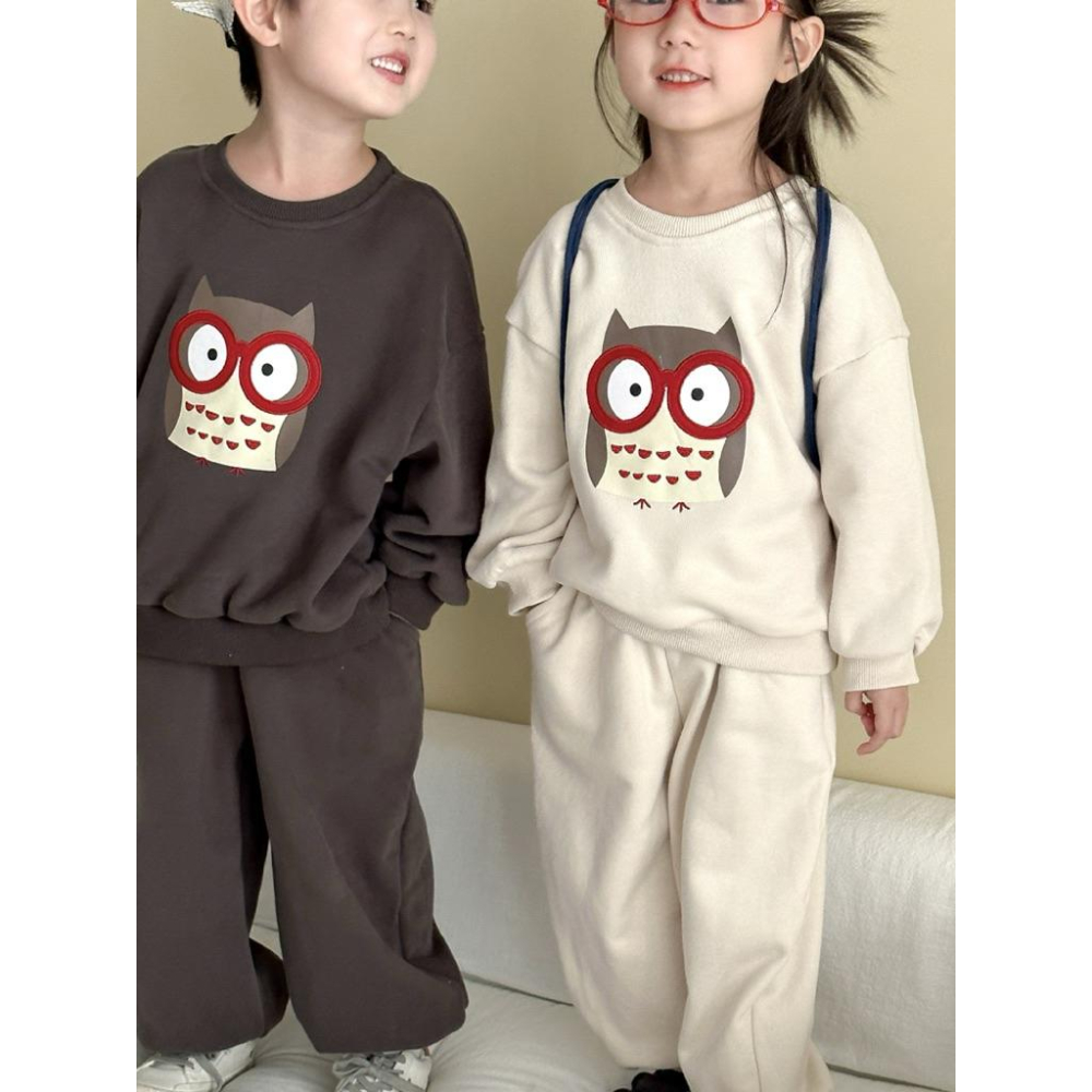 預購INS春秋款韓版男女童長袖休閒運動風格貓頭鷹休閒上衣+長褲兩件式套裝姐妹裝 姊妹裝 兄妹裝 姐弟裝-細節圖9