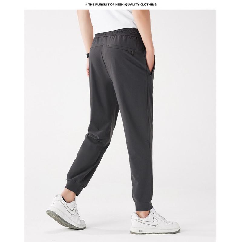 台灣現貨 L-6XL 夏款男款大尺碼冰絲褲男女同款鬆緊帶綁帶口袋彈力透氣涼感速乾褲休閒涼感褲排汗縮口褲束口褲慢跑褲運動褲-細節圖3