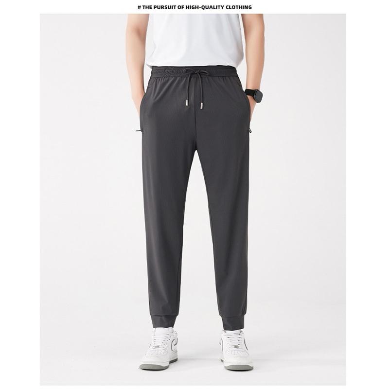 台灣現貨 L-6XL 夏款男款大尺碼冰絲褲男女同款鬆緊帶綁帶口袋彈力透氣涼感速乾褲休閒涼感褲排汗縮口褲束口褲慢跑褲運動褲-細節圖4