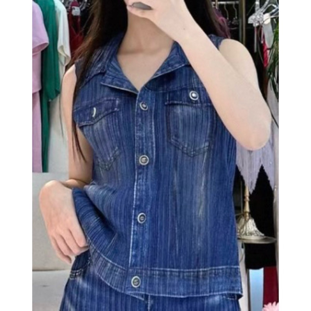 ［我愛皺摺名店］春秋著 粗牙籤直條紋皺摺 牛仔藍刷色 馬甲背心-細節圖3