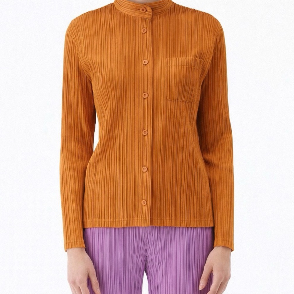 ［我愛皺摺名店］春秋著 KK直條紋皺摺 金棕色 半高領襯衫-細節圖2