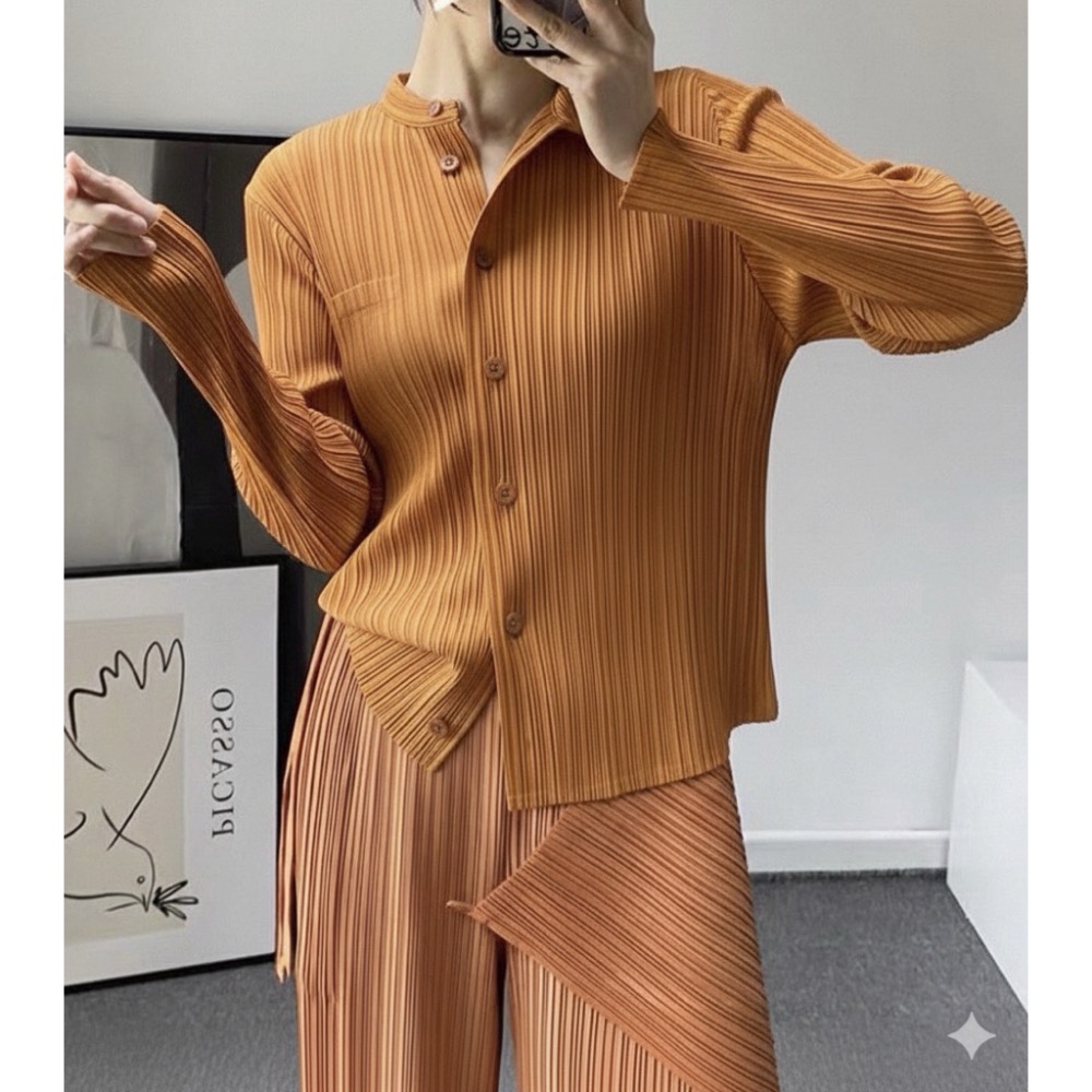 ［我愛皺摺名店］春秋著 KK直條紋皺摺 金棕色 半高領襯衫-細節圖7