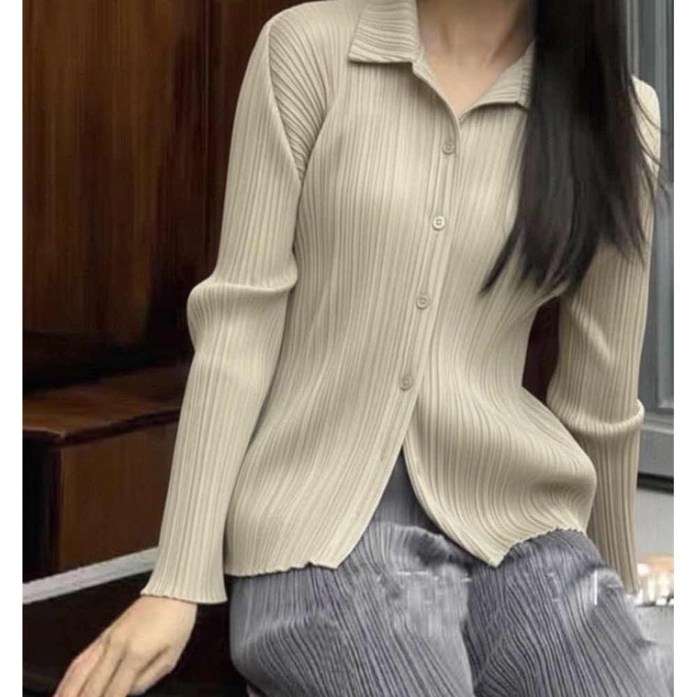 ［我愛皺摺名店］春秋著 KK直條紋皺摺 黑色 淺燕麥色 襯衫-規格圖5