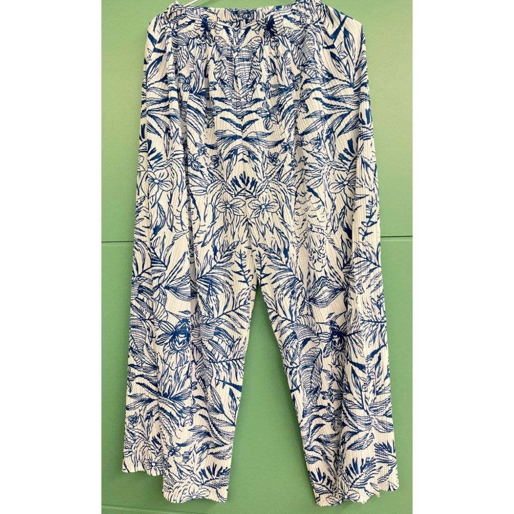 ［我愛皺摺名店］春夏著 KK直條紋皺摺 白色 寶藍色印花 青花瓷色裙褲 長褲-細節圖2