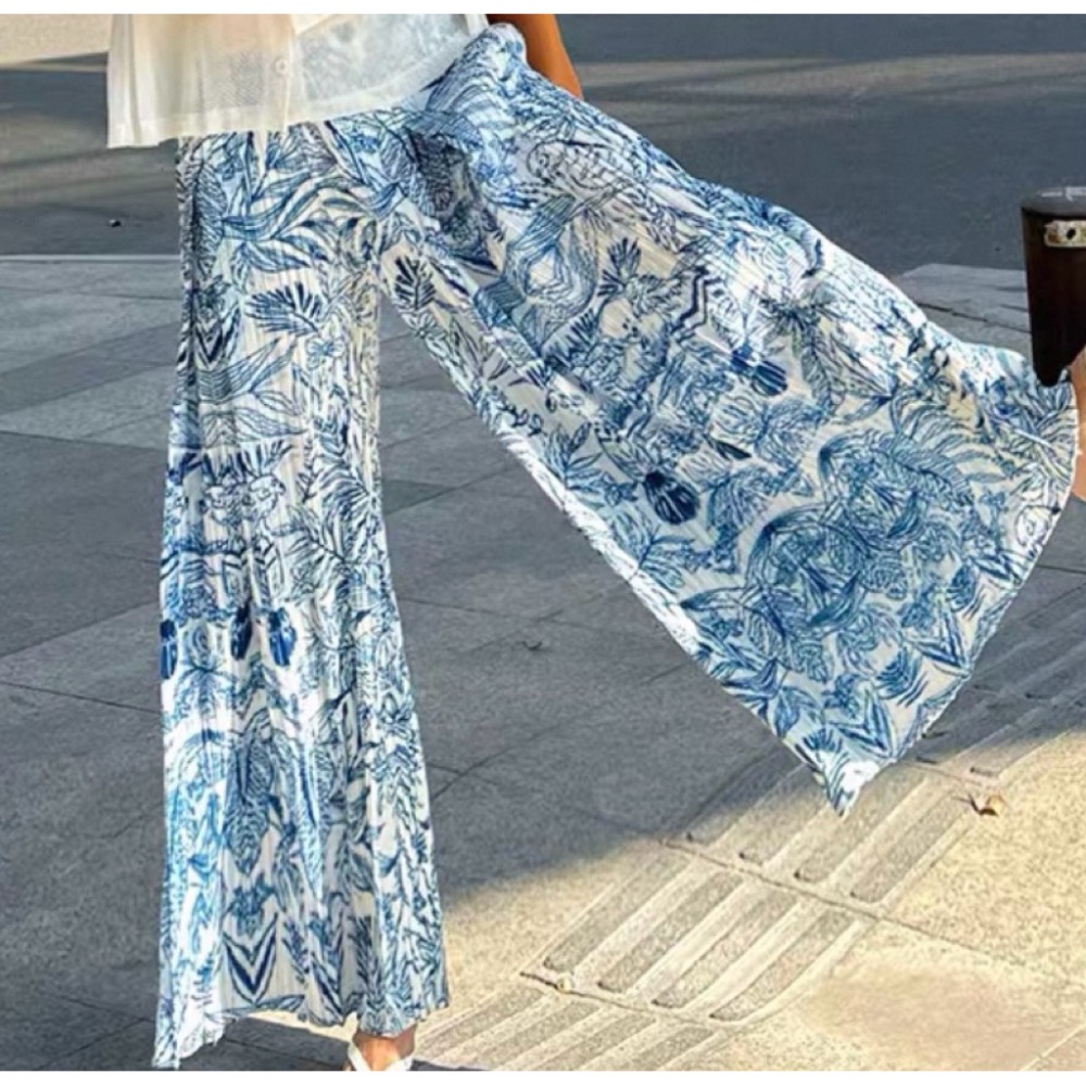 ［我愛皺摺名店］春夏著 KK直條紋皺摺 白色 寶藍色印花 青花瓷色裙褲 長褲-細節圖3
