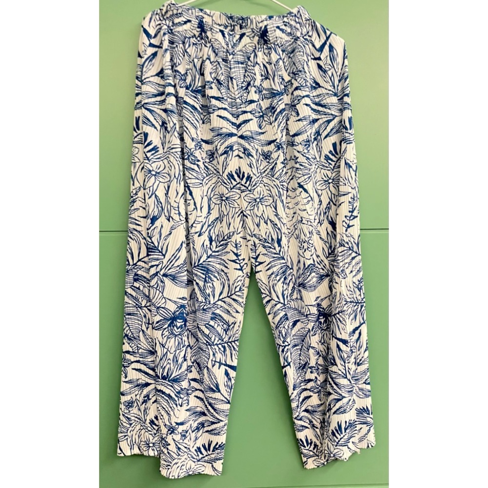 ［我愛皺摺名店］春夏著 KK直條紋皺摺 白色 寶藍色印花 青花瓷色裙褲 長褲-細節圖4