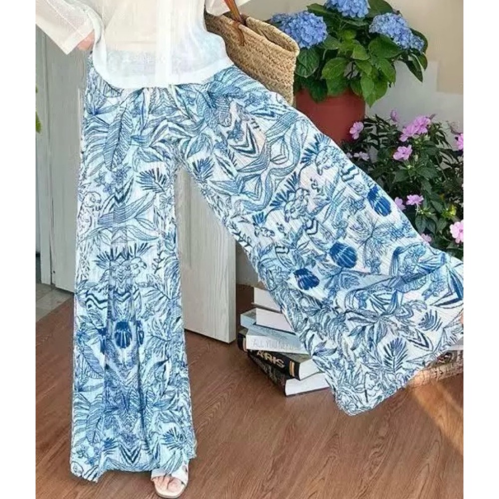 ［我愛皺摺名店］春夏著 KK直條紋皺摺 白色 寶藍色印花 青花瓷色裙褲 長褲-細節圖5