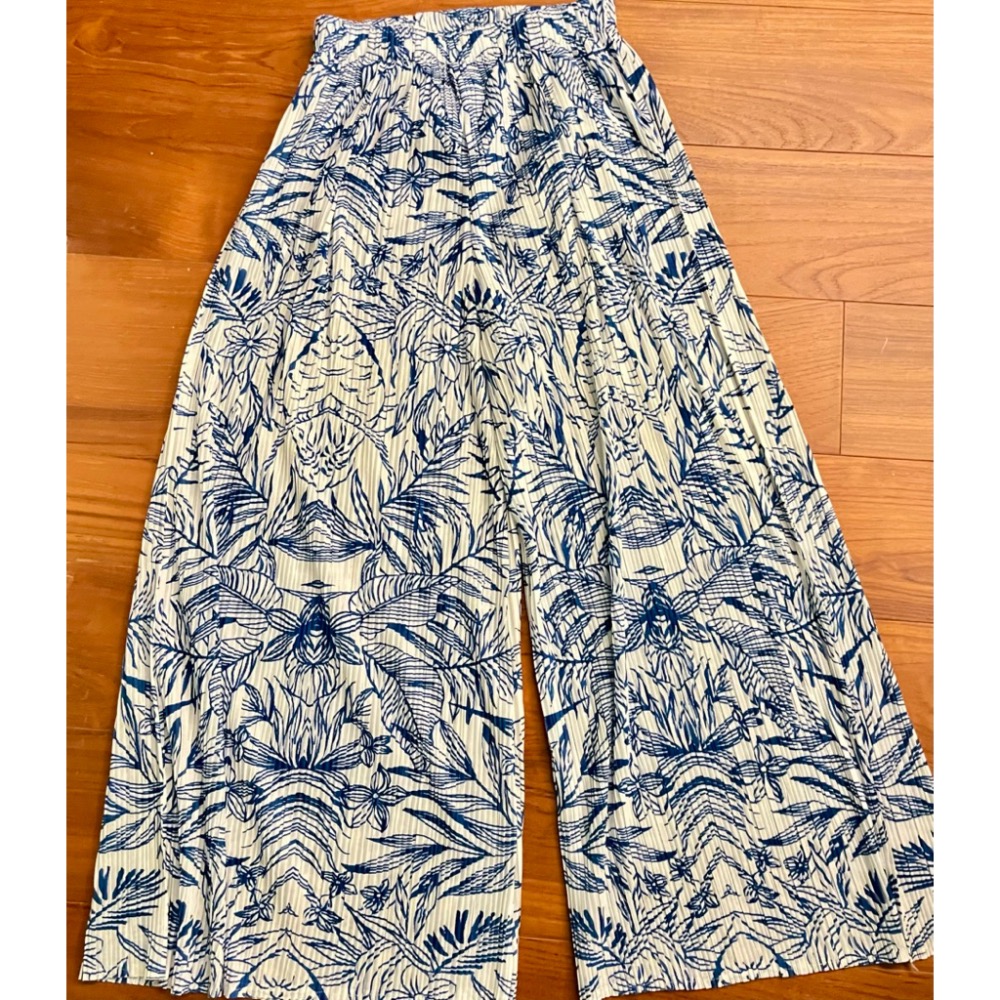 ［我愛皺摺名店］春夏著 KK直條紋皺摺 白色 寶藍色印花 青花瓷色裙褲 長褲-細節圖6