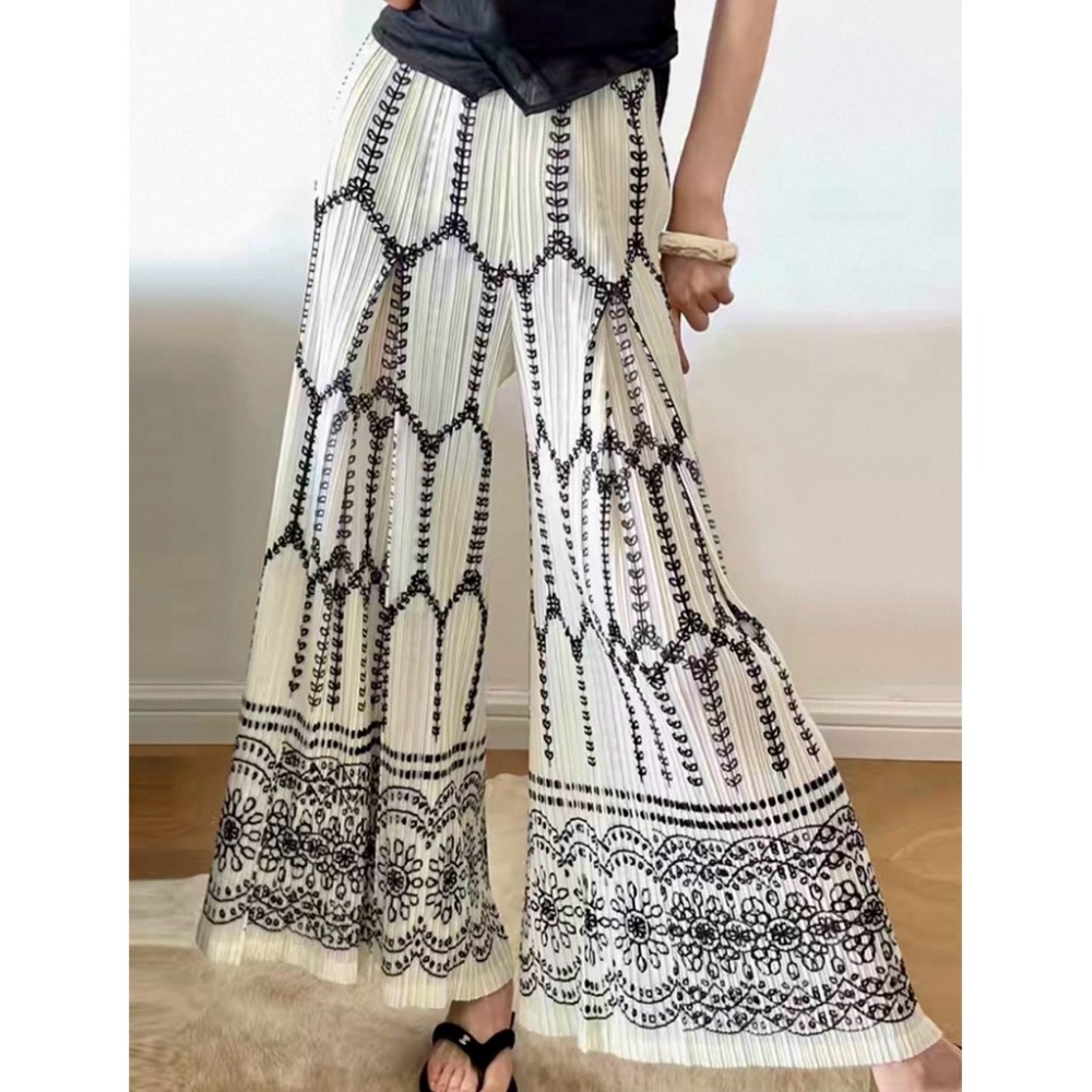 ［我愛皺摺名店］春秋著 KK直條紋皺摺 米白色 黑色蕾絲花 裙褲 長褲-細節圖9