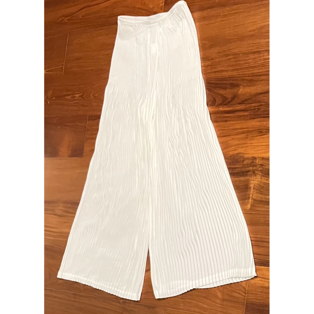 ［我愛皺摺名店］春秋著 細風琴直條紋皺摺 白色 裙褲長褲-細節圖3
