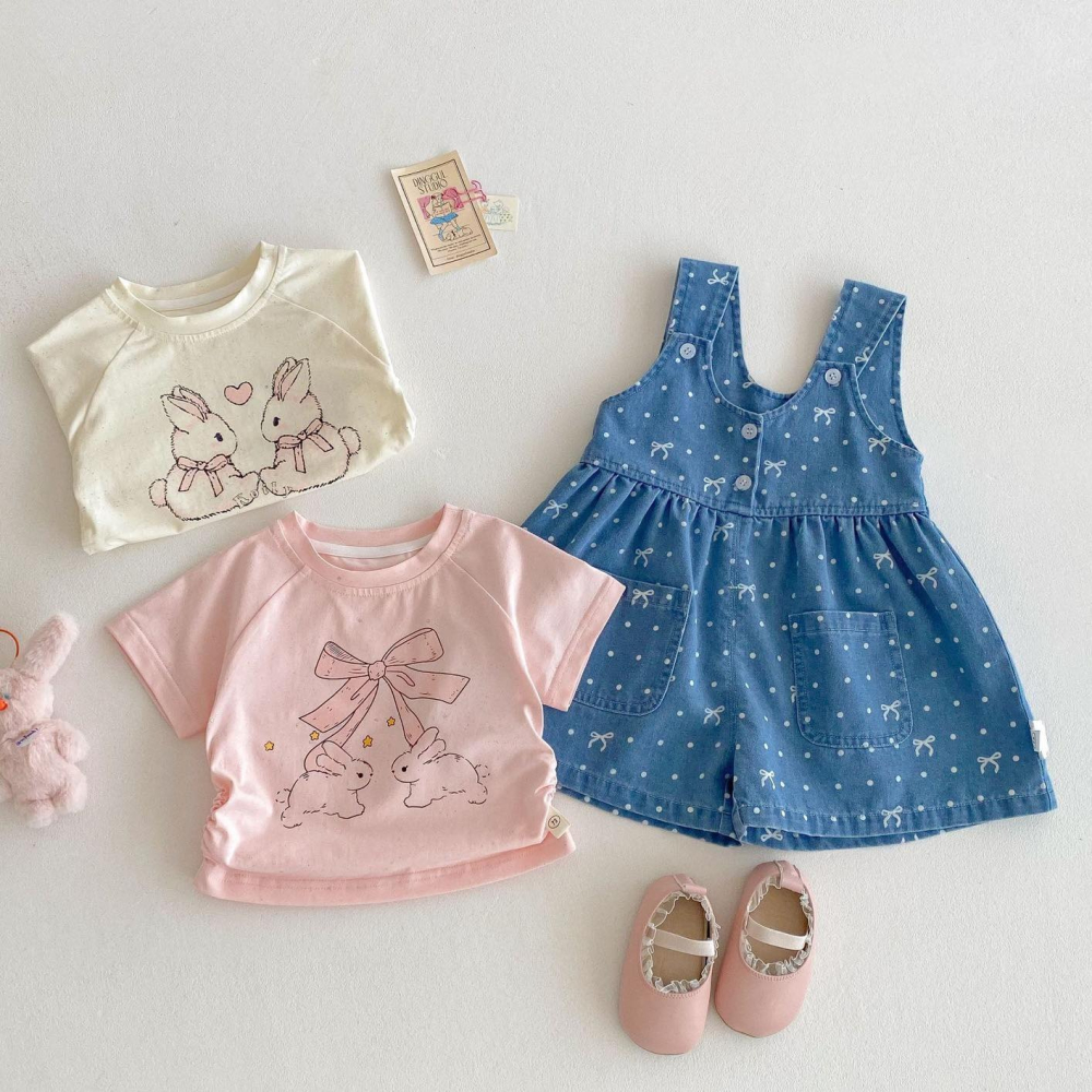 蝴蝶結T恤+牛仔吊帶褲-細節圖2