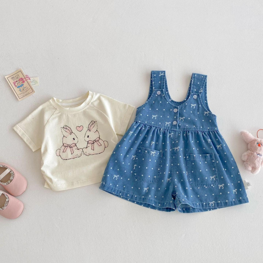 蝴蝶結T恤+牛仔吊帶褲-細節圖4