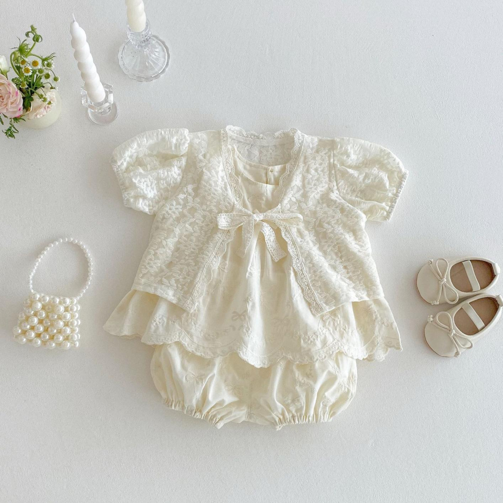 蝴蝶結娃娃衫套裝＋蕾絲小外套-細節圖2