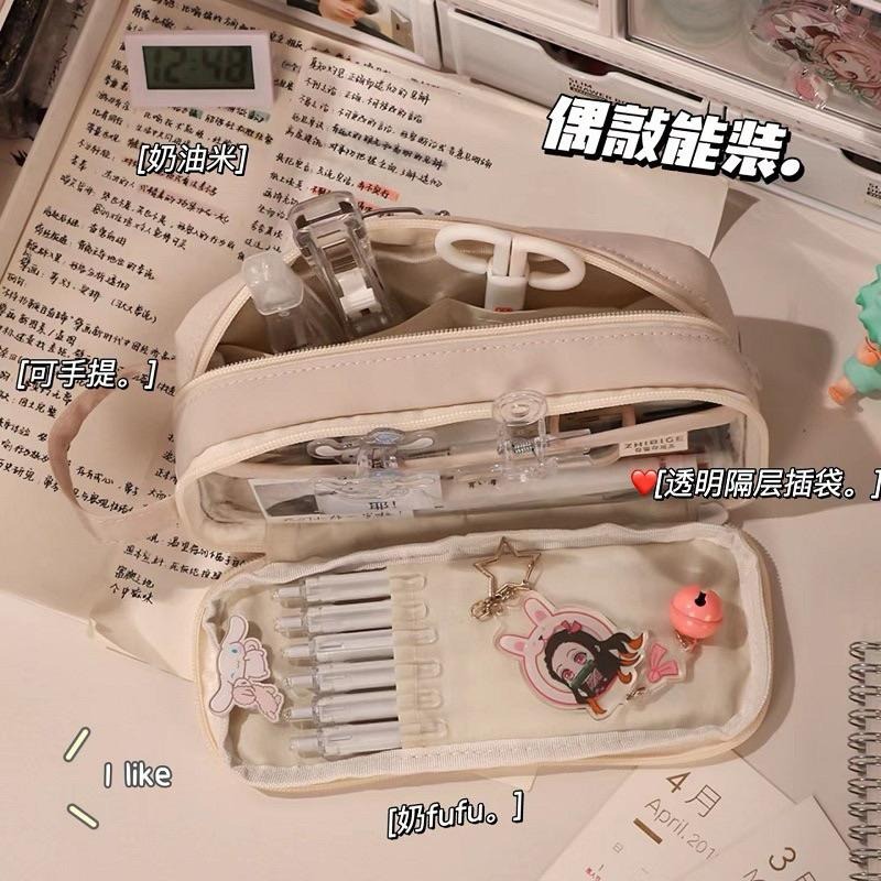 👍 高顏質筆袋 不撞款筆袋 大容量筆袋 奶油色筆袋 ins筆袋 多格層筆袋 韓版筆袋 PU皮筆袋 透明筆袋 學生筆袋-細節圖7