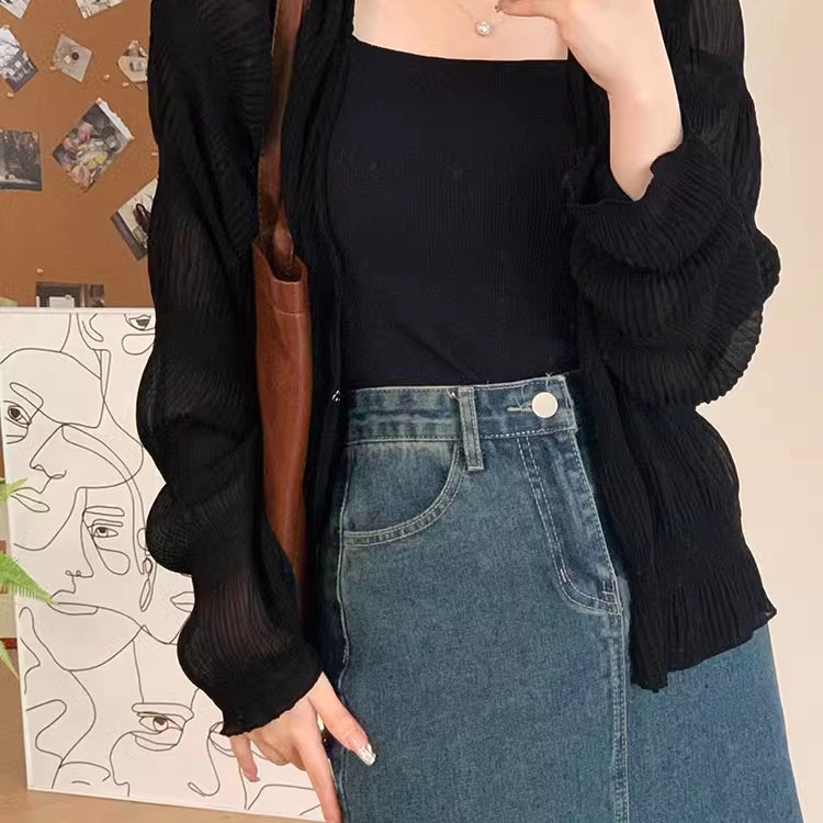 韓版溫柔皺褶紋理雪紡罩衫（4色）-細節圖2