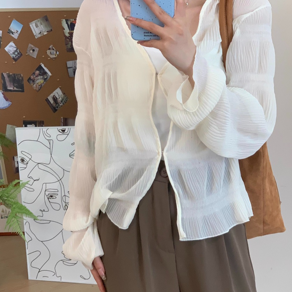 韓版溫柔皺褶紋理雪紡罩衫（4色）-細節圖3