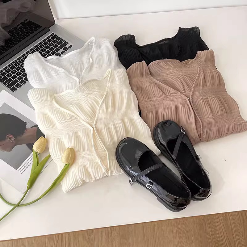 韓版溫柔皺褶紋理雪紡罩衫（4色）-細節圖5