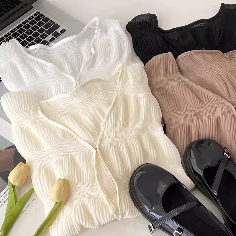 韓版溫柔皺褶紋理雪紡罩衫（4色）-細節圖6