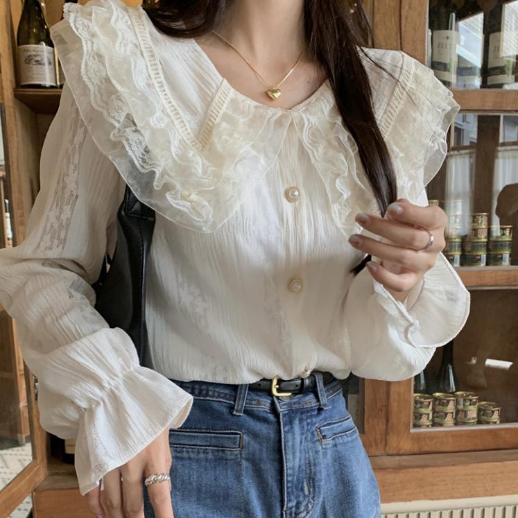 春天氣息！約會必搭💝  韓版溫柔lady珍珠釦蕾絲襯衫   韓系 顯瘦 女裝 衣服 基本款 T恤 短袖 上衣 短版 上著-細節圖4