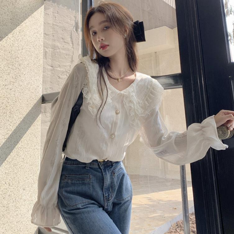 春天氣息！約會必搭💝  韓版溫柔lady珍珠釦蕾絲襯衫   韓系 顯瘦 女裝 衣服 基本款 T恤 短袖 上衣 短版 上著-細節圖8