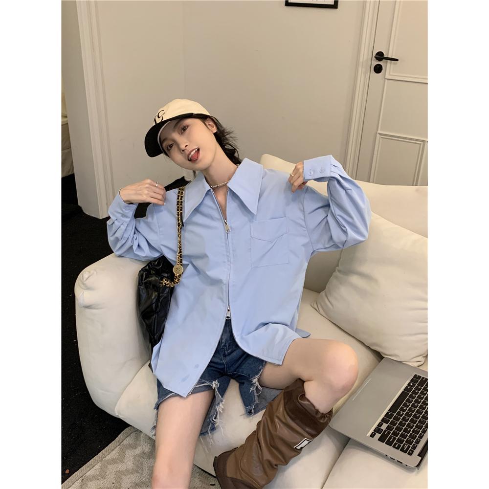 雙向拉鍊！特別好看💙  漫步首爾拉鍊口袋襯衫（2色  S-XL）韓系 顯瘦 特價 女裝 衣服 基本款 T恤 長袖 上衣-細節圖2