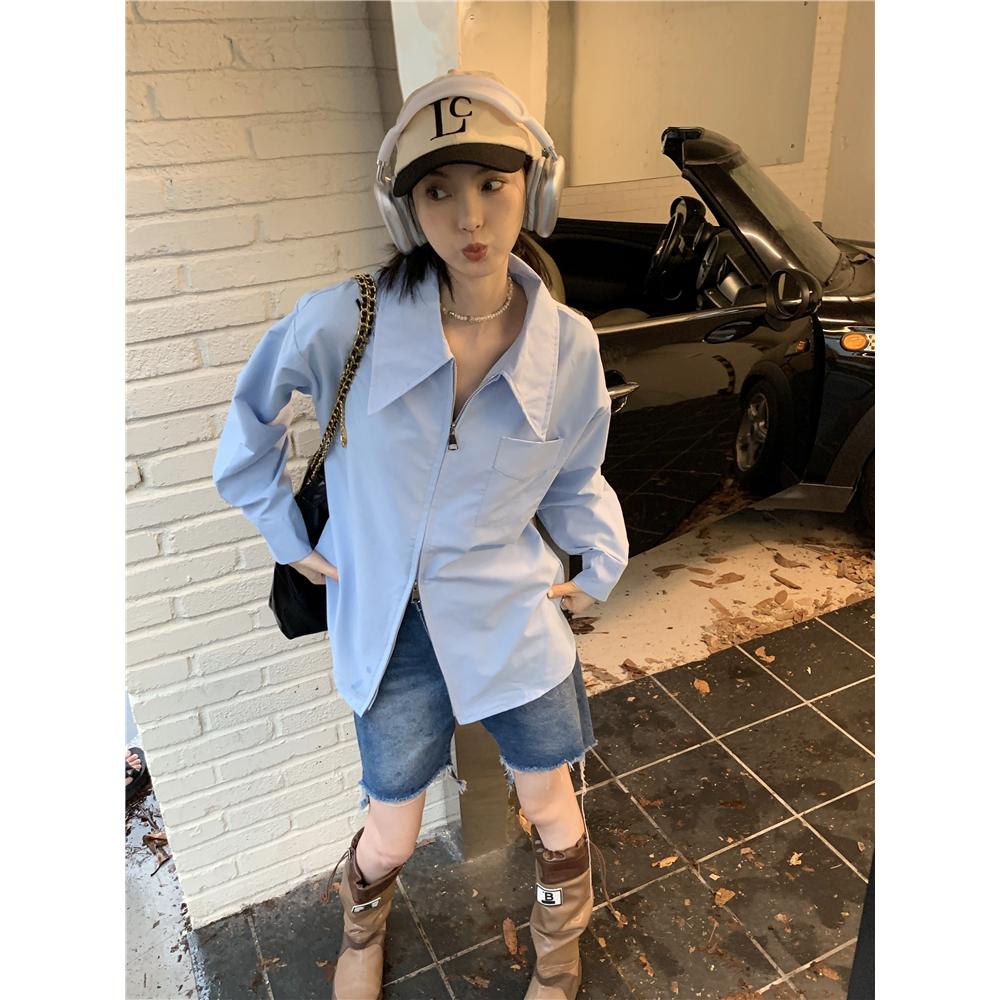 雙向拉鍊！特別好看💙  漫步首爾拉鍊口袋襯衫（2色  S-XL）韓系 顯瘦 特價 女裝 衣服 基本款 T恤 長袖 上衣-細節圖8