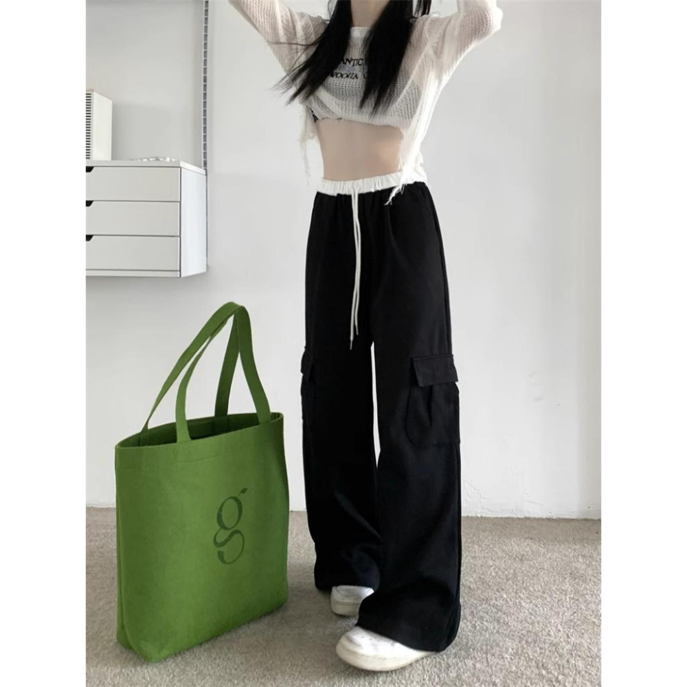 鬆緊腰圍！超顯瘦✨  韓版街頭工裝抽繩落地棉褲（3色）女裝 韓系 休閒褲 闊腿褲 拖地褲 落地褲 顯瘦 修飾 縮口褲-細節圖2