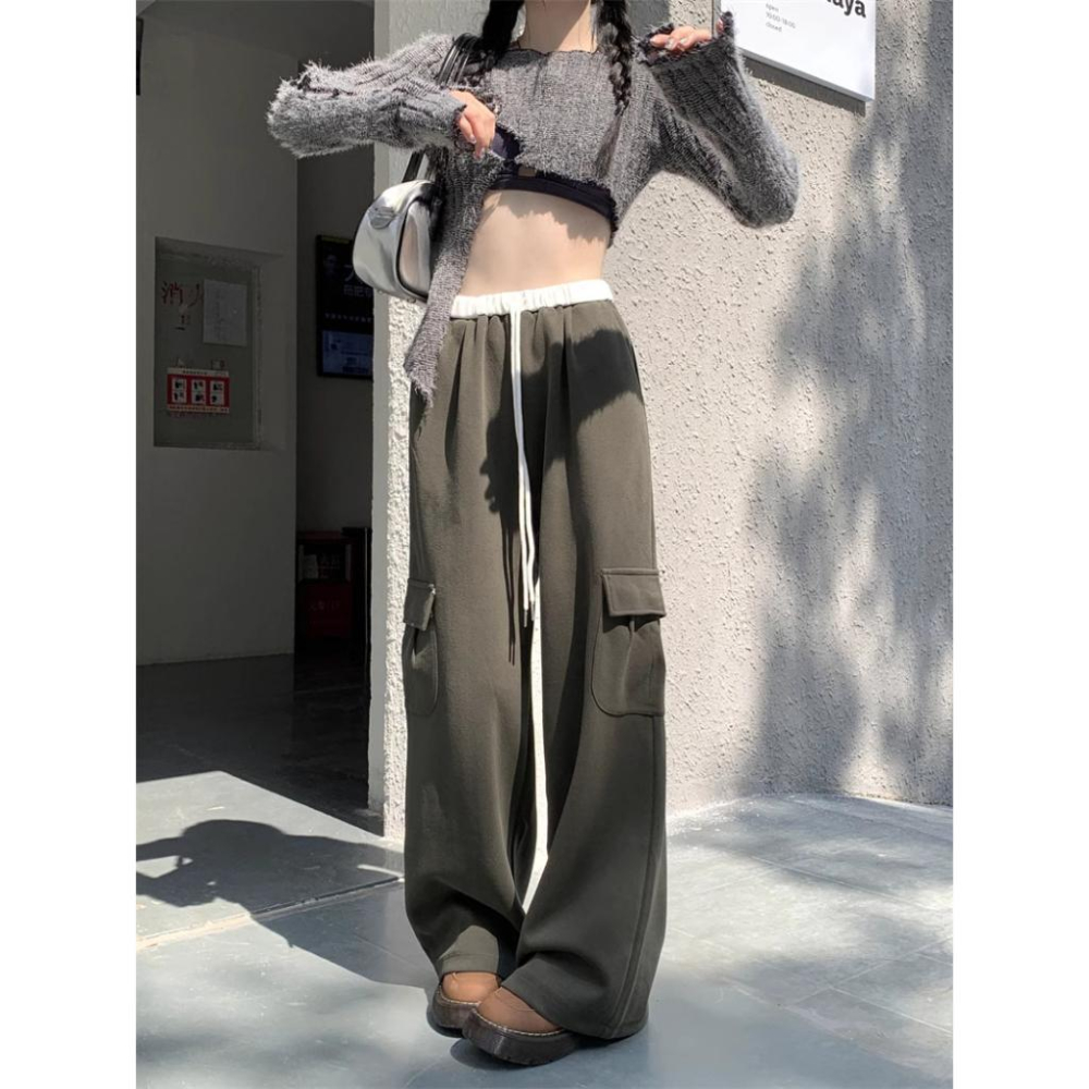 鬆緊腰圍！超顯瘦✨  韓版街頭工裝抽繩落地棉褲（3色）女裝 韓系 休閒褲 闊腿褲 拖地褲 落地褲 顯瘦 修飾 縮口褲-細節圖3