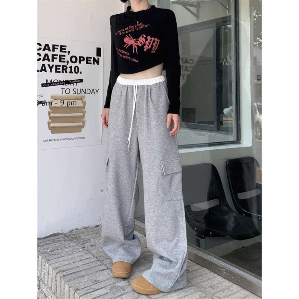 鬆緊腰圍！超顯瘦✨  韓版街頭工裝抽繩落地棉褲（3色）女裝 韓系 休閒褲 闊腿褲 拖地褲 落地褲 顯瘦 修飾 縮口褲-細節圖4