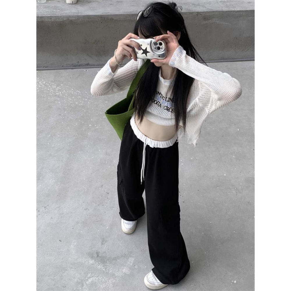 鬆緊腰圍！超顯瘦✨  韓版街頭工裝抽繩落地棉褲（3色）女裝 韓系 休閒褲 闊腿褲 拖地褲 落地褲 顯瘦 修飾 縮口褲-細節圖5